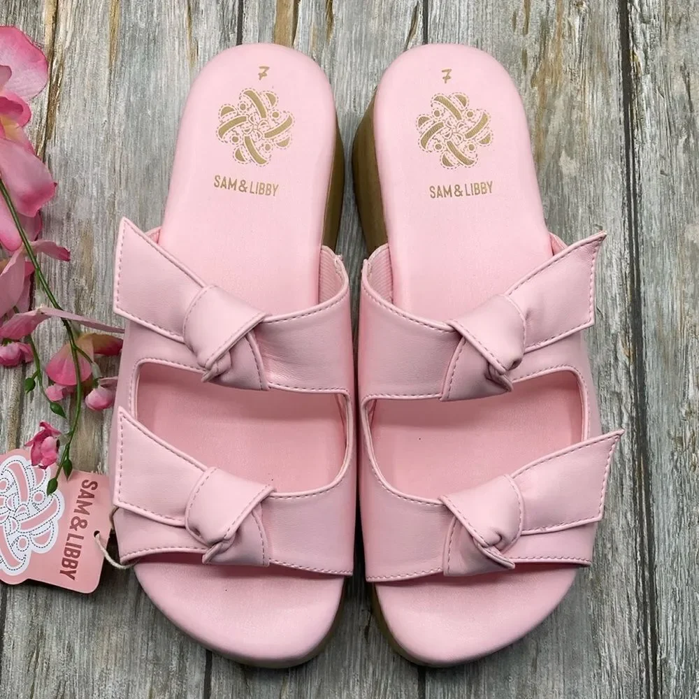 Sam & Libby Pink Platform Double Bow Tie Comfy Dress Sandals Shoes Size 7